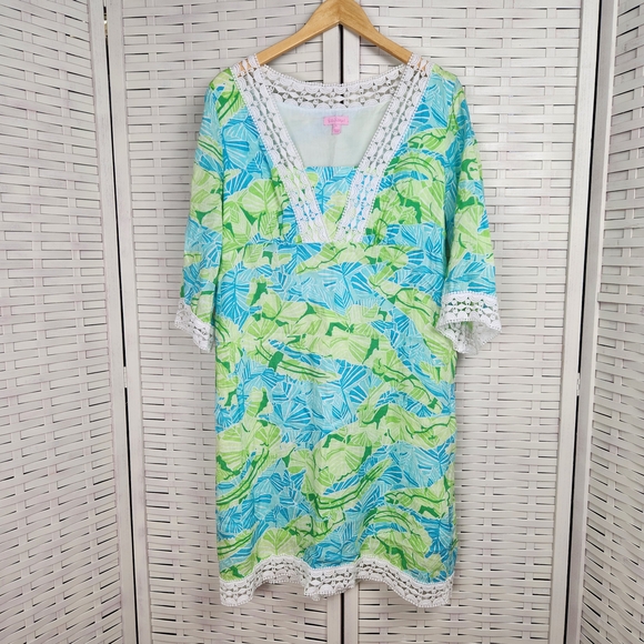 Lilly Pulitzer Dresses & Skirts - Lilly Pulitzer Sherman Linen Tunic Dress In Gator Alley Size L Blue Green Leaf